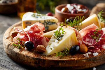 Delicious cheese and charcuterie board with olives and nuts on rustic wooden table