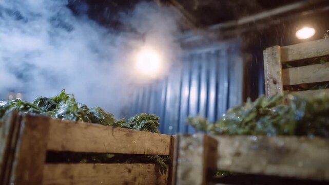 Close-up cinematic perspective of a refrigerated chamber storing perishable items, mist and condensation on walls and crates, emphasizing temperature-controlled preservation