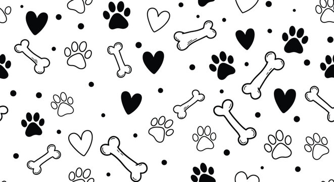 Seamless Pattern with Dog Paw Prints, Bones, and Hearts on White Background