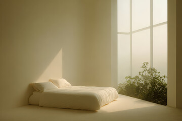 minimalist smart home featuring large bathed in warm morning light