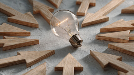 A bright lightbulb illuminated amidst wooden arrows