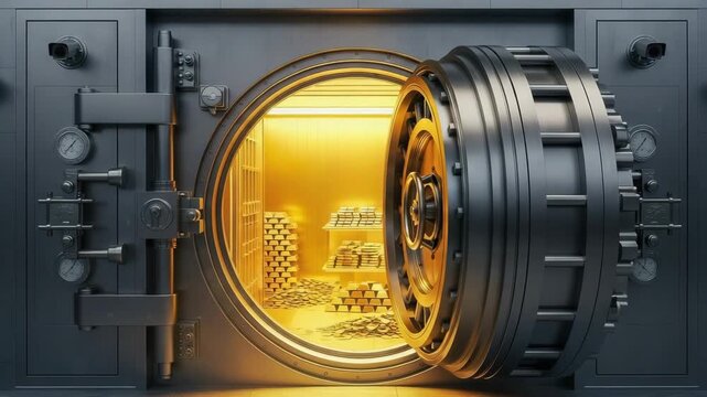 Open vault door revealing stacks of gold bars and coins inside a bank