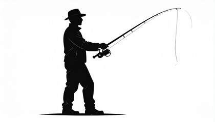 black silhouette vector of a man fishing, white background