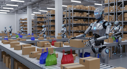 AI Humanoid Robots Sorting Packages on Conveyor Belt in Modern Logistics Center