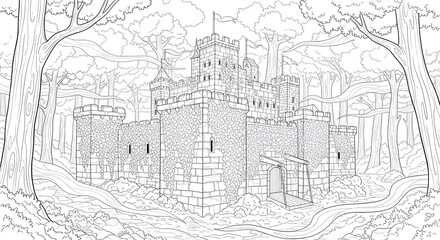 Obraz premium Intricate Medieval Castle Fortress Hidden Within a Mystical Forest Landscape, Ready for Creative Coloring and Relaxation for All Ages