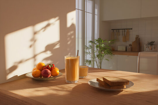 Bright kitchen with fresh breakfast spread featuring fruit and juice in the morning sunlight