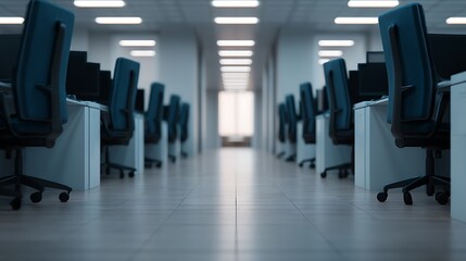 A modern office space with rows of empty desks and ergonomic chairs, illuminated by bright overhead lights, creating a clean, professional atmosphere.