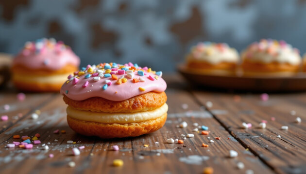 Pink frosted cupcake with colorful sprinkles, creamy filling, wooden table, sweet dessert, joyful mood