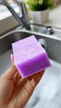 Hand demonstrating purple sponge use by a kitchen sink with flowing water