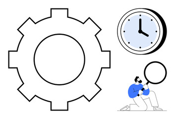 Gear for process, clock for time, person with magnifying glass for analysis and focus. Ideal for productivity, process improvement, organization, efficiency, focus, project management simple flat