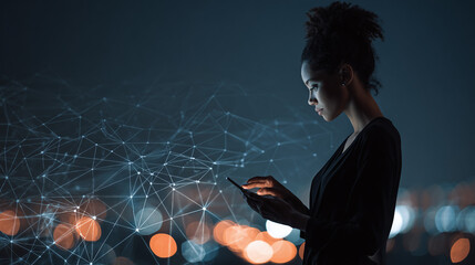 A woman is engrossed in her phone with a digital network displayed in front of her. The city skyline is visible in the background, implying technological advancement and connectivity