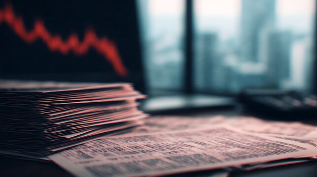 A stack of financial papers sits on a desk, blurred cityscape in the background, suggesting a business setting focused on economic trends.