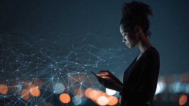 A woman is engrossed in her phone with a digital network displayed in front of her. The city skyline is visible in the background, implying technological advancement and connectivity