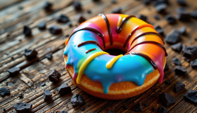Colorful donut with rainbow icing chocolate drizzle sweet dessert pastry vibrant close up joyful mood