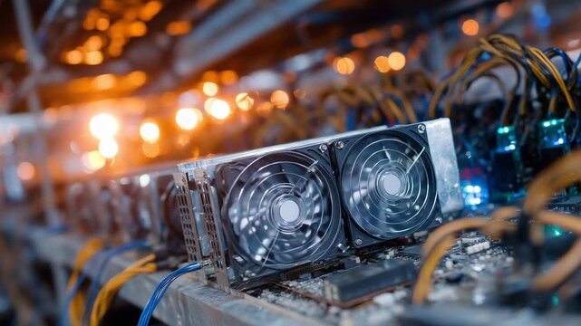 Close-up of dual-fan GPUs inside a mining farm, the metallic components reflecting orange industrial lighting