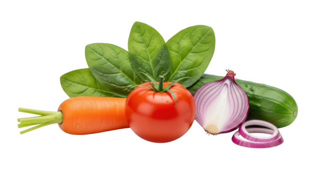 Fresh vibrant assorted vegetables, a healthy diet and natural food concept isolated on transparent background