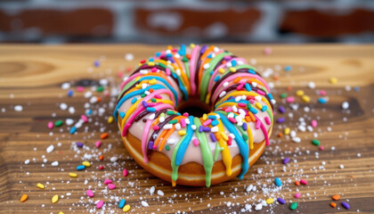 Colorful donut with pink icing, rainbow drizzle, and sprinkles on wooden table, festive and cheerful mood