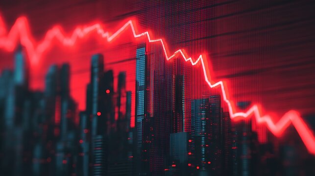 A visual representation of a declining financial trend, featuring abstract city skyline silhouettes and a prominent downward red graph.