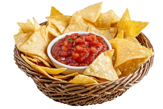 Delicious nachos with red salsa sauce inside a basket ketchup snack food.