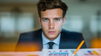 Obraz premium A focused man in a suit examines charts and graphs, conveying determination and professionalism in a business environment.