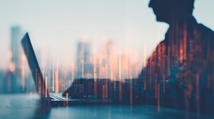 A silhouette of a person working on a laptop, with digital graphs overlaying an urban skyline in the background, conveying innovation and technology.