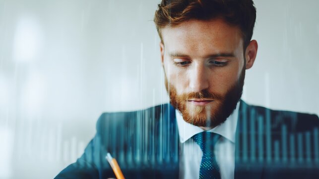 A focused businessman analyzes data on paper, surrounded by digital graphs, illustrating a blend of traditional work and modern technology. - Powered by Adobe