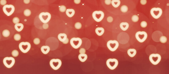 Floating heart shapes on a red background symbolizing love and romance. 3d rendering