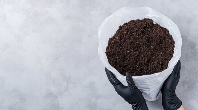 Hands delicately holding brown mulch in a plastic bag over a light concrete background, capturing a moment of nature's richness at home