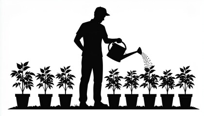 black silhouette vector of a man watering plants, white background