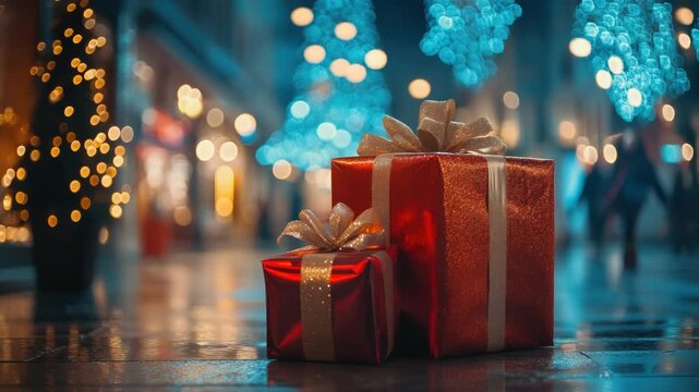 At night on a rainy city street, two red gifts tied with golden ribbons sit on the wet pavement, shimmering alongside the colorful bokeh lights of Christmas decorations in the background