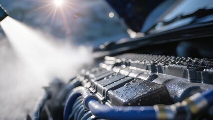 Close-up shot of radiator and hoses with boiling steam escaping, droplets of coolant reflecting light, illustrating automotive overheating issue - Powered by Adobe
