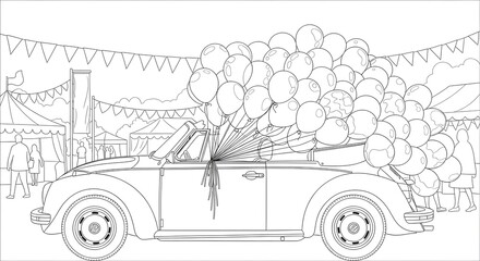 Vintage convertible car completely filled with a large cheerful cluster of party balloons, parked at a lively outdoor fair or carnival celebration, black and white line art
