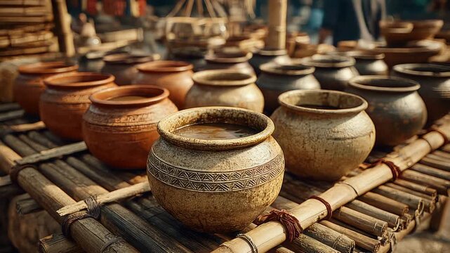 Clay Pots on a Bamboo Platform