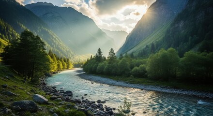 Mountain River Valley Landscape with Sunlight Breaking Through Clouds and Trees
