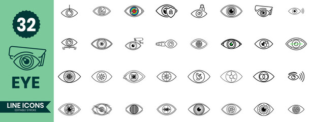 Eye Line Icons Set. Vision, View, and Surveillance Outline Vector Icons