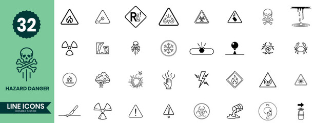 Hazard and Danger Line Icons Set. Safety Warning Outline Vector Symbols