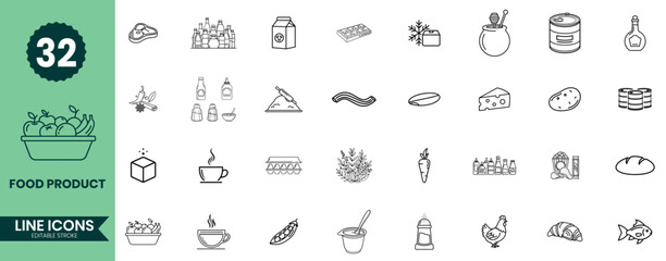 Food Product Line Icons Set. Outline Vector Icons for Ingredients and Grocery Items