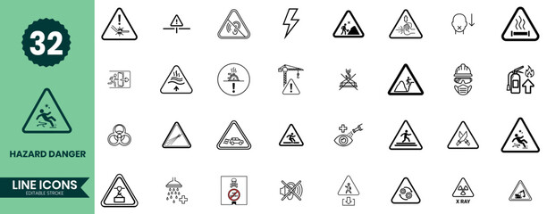 Hazard and Danger Line Icons Set. Safety Warning Outline Vector Symbols