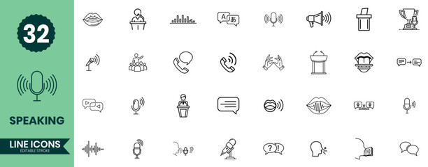 Speaking Line Icons Set. Communication and Public Speaking Outline Vector Symbols