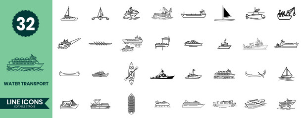 Water Transport Line Icons Set 32 Boat and Ship Outline Vector Symbols