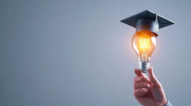 Creative concept of education symbolized by a light bulb with a graduation cap held against a grey backdrop, ideal for academic themes