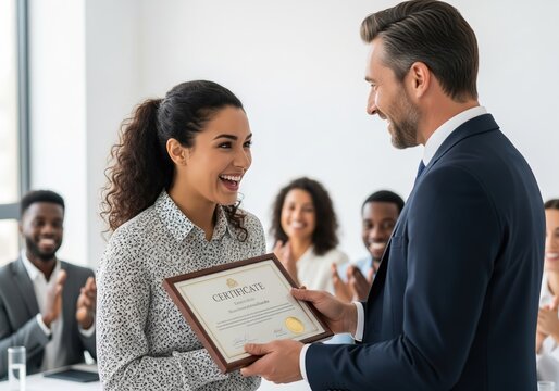 Woman Receiving Award Certificate from Businessman at Ceremony