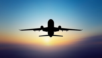 Silhouette of a commercial passenger airplane flying into the colorful sky during a beautiful sunset or sunrise.