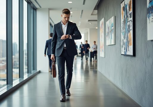 Businessman checking watch while walking in modern office corridor - Powered by Adobe