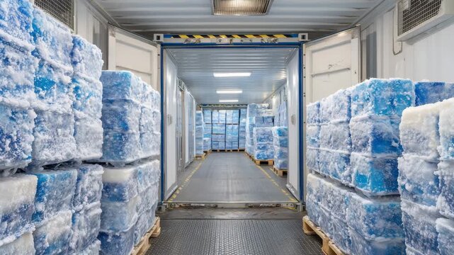 Cold storage chamber interior showing stacked frozen food containers, frost forming on walls and vents, highlighting modern refrigeration technology