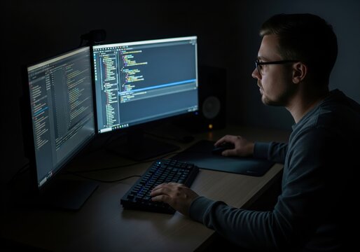 Programmer working on a computer late at night