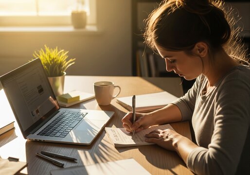 Focused young woman studying or working remotely, taking notes from laptop