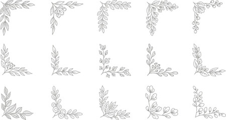 Obraz premium Set of Decorative Floral Corner Elements, Gray Leaf Accents on Transparent Background