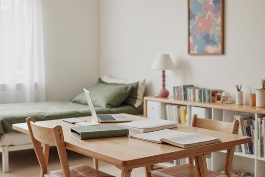 Modern bedroom featuring wooden table with open books, closed notebooks, laptop and potted plants, bed with green bedding in background, bookshelf filled with books, framed abstract artwork on wall