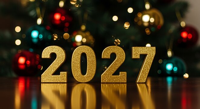 Festive celebration with 2027 number Christmas tree and shiny decorations